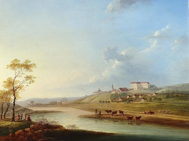 1694-Christian Hilfgott Brand - Pastori in riva al fiume, con un villaggio sullo sfondo